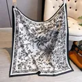 Elegant black and white vintage floral silk-like square scarf with wide black border - White