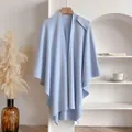 Soft light blue knitted shawl wrap cape for women, versatile minimalist scarf design - Blue
