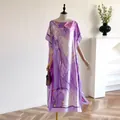 Purple marble print kaftan dress with batwing sleeves and luxury silk-like texture - Purple