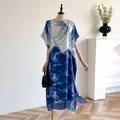 Elegant blue and white abstract print kaftan dress with lightweight flowy fabric - Ink Blue