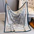 Elegant retro geometric print silk scarf in beige with grey patterns and deep cyan border - 90x90cm / White (XWFJ-003)