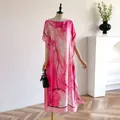 Loose-fit long pink dress with abstract marble print and elegant silk-like texture - Pink