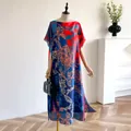 Red and blue floral print satin dress with wide kimono sleeves and elegant loose fit - Red & Blue