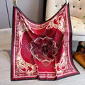 Red square silk scarf with gold baroque crest and black border hanging in interior - 90x90cm / Red (XWFJ-005)