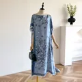 Sky blue kaftan maxi dress with butterfly floral print in satin-finish fabric - Light Blue