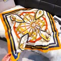70cm silk scarf with orange and navy equestrian patterns on a white plush background - 70fj-351 Blue Orange / 70*70cm
