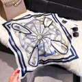 Blue and beige 70cm silk scarf with vintage horse carriage and leather strap print - 70fj-353 White And Blue / 70*70cm