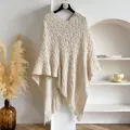Retro cream knit crochet poncho with hollow geometric patterns and fringe tassels - Beige