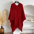 Elegant red hollow knit cape with long fringe tassels for a vintage retro aesthetic - Red