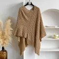Khaki hollow knit shawl with fringe tassels and asymmetrical cut in retro style - Khaki