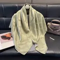 Elegant light green linen silk square scarf with floral pattern and matte finish - Matcha Green