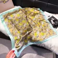 Golden silk square scarf with daisy floral print and mint green border detail - 70fj-673 Green And Yellow / 70*70cm