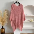 Elegant pink hollow knit shawl with tassels and vintage bohemian crochet patterns - Pink