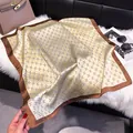 Beige floral 70cm silk-touch square scarf with brown border on plush white backdrop - 70fj-365 Brown / 70*70cm