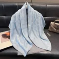 Elegant light blue cotton-linen square scarf with white cloud jacquard patterns - Sky Blue
