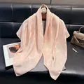 Elegant light pink cotton linen square scarf with silk texture and wave pattern - Pink