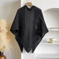 Detailed view of black crochet knit ice silk shawl featuring delicate hollow diamond mesh - Black