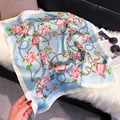Silk-like light blue scarf with rose, chain, and pearl prints for a classy women look - 70fj-371 Blue Pink / 70*70cm
