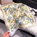 Beige floral square silk scarf with blue roses and golden chains on white fur background - 70fj-372 Blue And Yellow / 70*70cm