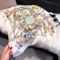 Pink floral square silk scarf with gold chain patterns on soft plush background - 70fj-373 Pink / 70*70cm