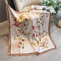 Elegant 90cm square silk scarf with vintage floral print and dark coffee hem detail - Khaki