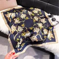 Navy blue silk square scarf with white roses, golden chains, and elegant silk tassels - 70fj-374 Pale Yellow / 70*70cm