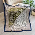 Navy and olive green paisley printed satin scarf draped over a beige armchair - 90sj-016 Green / 90*90cm