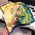 Elegant 70cm square silk scarf with floral magnolia print and yellow blue contrast - 70fj-375 Deep Blue / 70*70cm