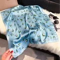 Light blue square silk scarf with lily of the valley floral print and satin finish - 70fj-377 Blue / 70*70cm