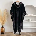 Bohemian black hooded knit shawl with colorful rainbow stripes and fringe tassels - Black