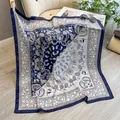 Navy blue and white paisley print square silk scarf with bohemian geometric border - 90sj-018 Blue / 90*90cm