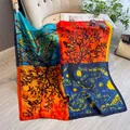 Artistic 90cm silk scarf featuring Van Gogh style starry night and almond blossom patterns - Orange Blue
