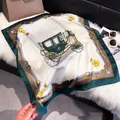 Elegant vintage carriage silk square scarf in emerald green and ivory cream satin - 70fj-382 White/green / 70*70cm