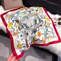 Silk square scarf with red border and artistic botanical print on faux fur background - 70fj-383 White/red / 70*70cm
