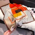 Modern geometric silk square scarf with bright orange and brown color blocking - 70fj-387 Orange Brown / 70*70cm