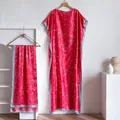 Detail of red floral kaftan dress with satin borders and matching scarf set - Red Style 2