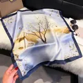 Blue silk scarf with white tree and golden mountain pattern on soft plush background - 70fj-389 Yellow And Blue / 70*70cm