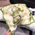 70cm square silk scarf featuring lotus floral patterns and green borders on ivory base - 70fj-390 Green / 70*70cm