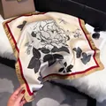 Elegant off-white square silk scarf with black floral bird print and red gold borders - 70fj-391 Light Yellow / 70*70cm