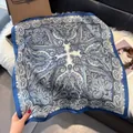 Navy blue paisley satin square scarf with elegant silk texture and wide border - 70fj-587 Blue / 70*70