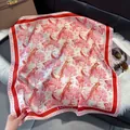 Square silk scarf with red parrot print and tropical plants on white plush background - 70fj-441-red / 70*70