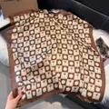 Silk-like square scarf featuring a brown checkerboard palm tree and sun ray pattern - 70fj-444-brown / 70*70