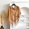 Elegant brown hollow lace triangle shawl with floral embroidery and long tassels decoration - Khaki
