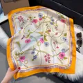 70cm faux silk square scarf featuring orange border, floral prints and chain patterns - 70fj-445-yellow / 70*70