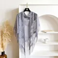 Elegant grey lace shawl with hollow floral patterns and fringe details for women - Gray