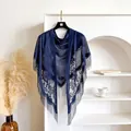 Elegant dark blue velvet lace triangle shawl with vintage floral embroidery and fringe - Blue