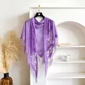 Elegant purple velvet lace shawl with hollow floral patterns and long fringe accents - Purple