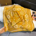 Ginger yellow silk satin square scarf with white paisley print on plush white background - Yellow