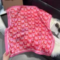 Pink satin square scarf with red heart patterns on a soft faux fur background - 70fj-449-pink / 70*70