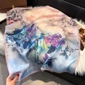 Elegant square silk scarf with floral ink painting in gradient orange and blue tones - Ink Floral Landscape Style / 70x70cm / Blue Pink